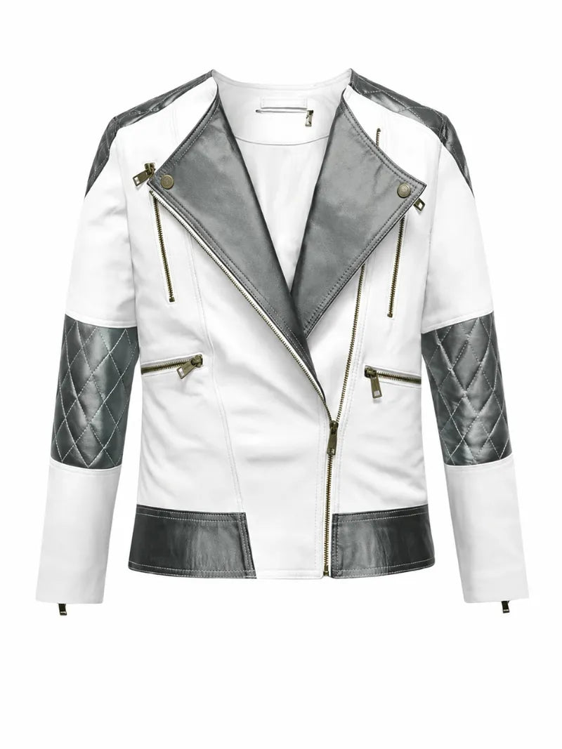 Women’s White and Grey Two-Tone Leather Jacket Front 