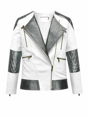 Women’s White and Grey Two-Tone Leather Jacket Front 
