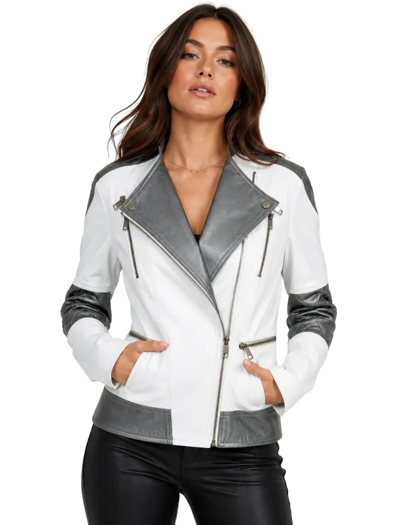 Women’s White and Grey Two-Tone Leather Jacket Full