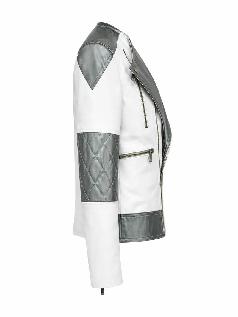 Women’s White and Grey Two-Tone Leather Jacket Right 
