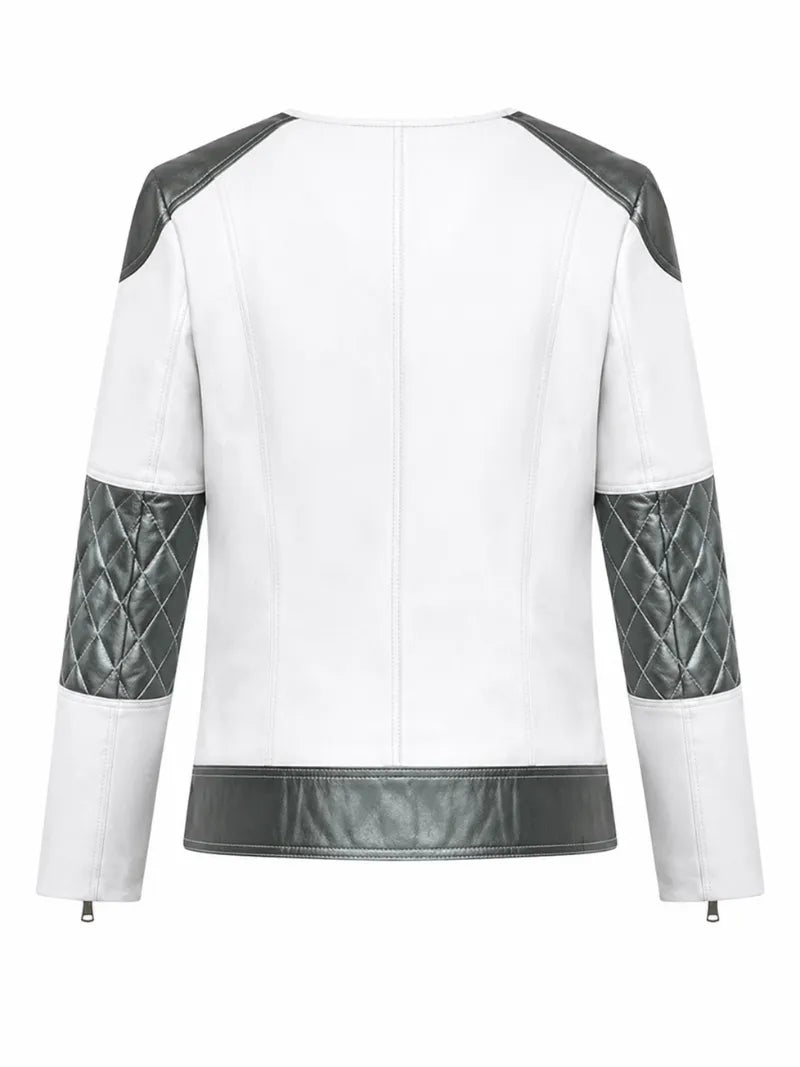 Women’s White and Grey Two-Tone Leather Jacket Back 