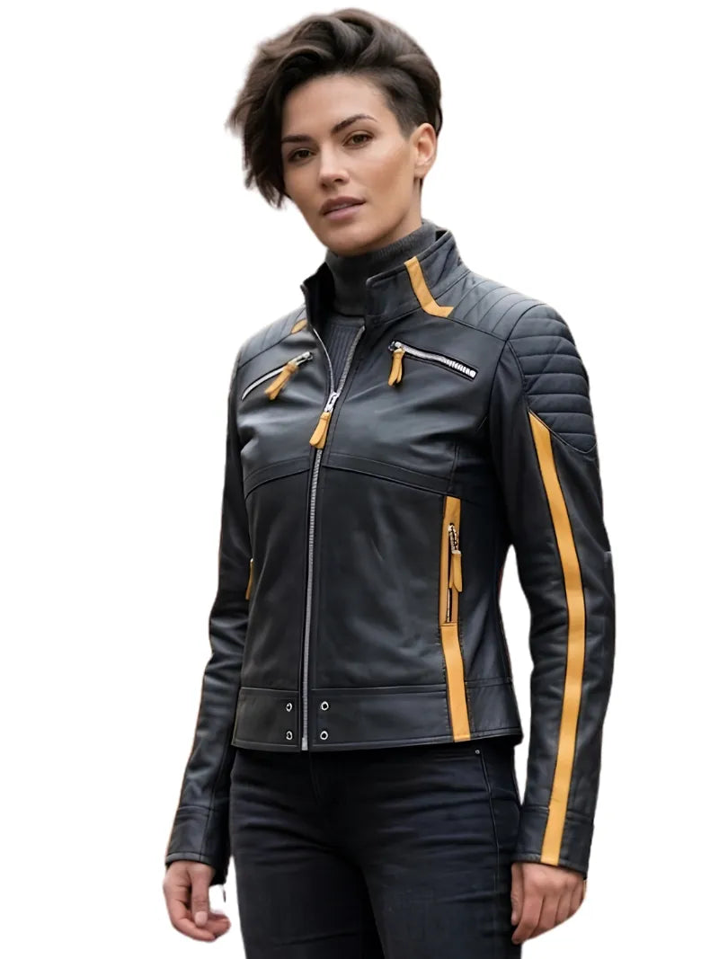 Women's Yellow Stripes Leather Jacket, closure detail