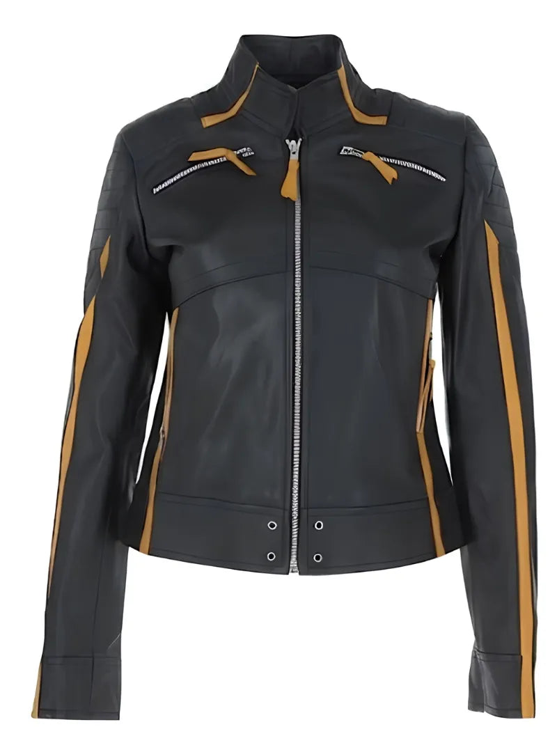 Women's Yellow Stripes Leather Jacket, front view