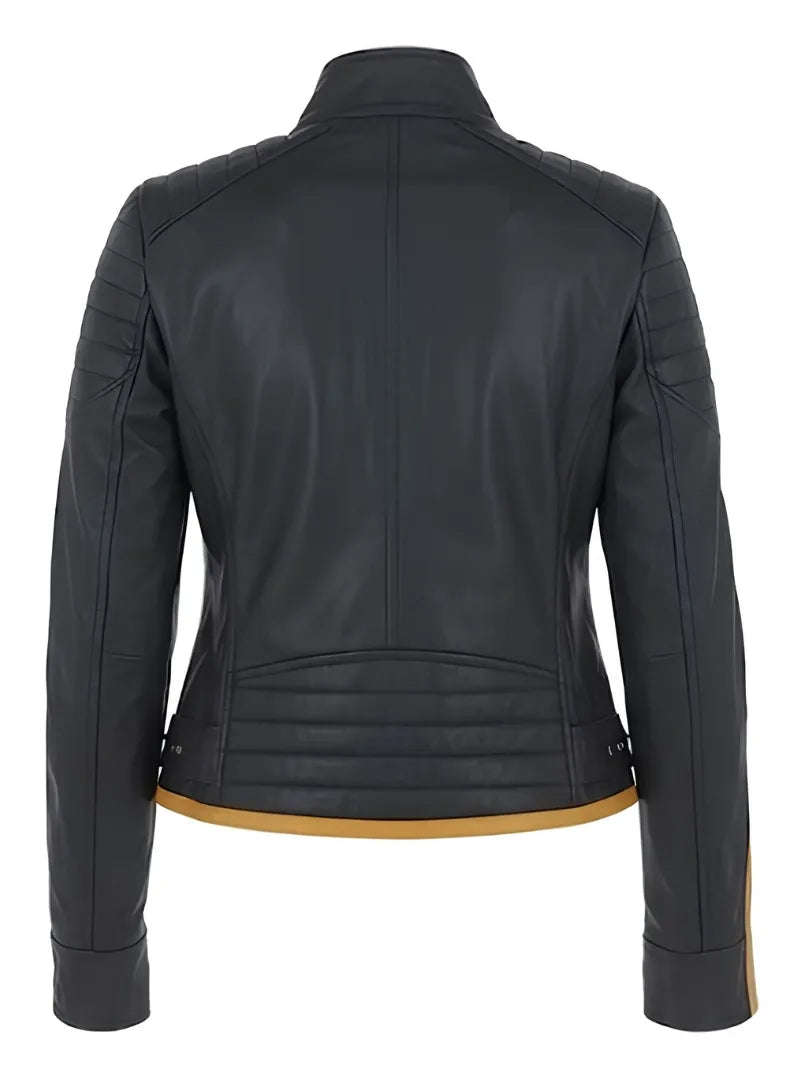 Women's Yellow Stripes Leather Jacket, back view