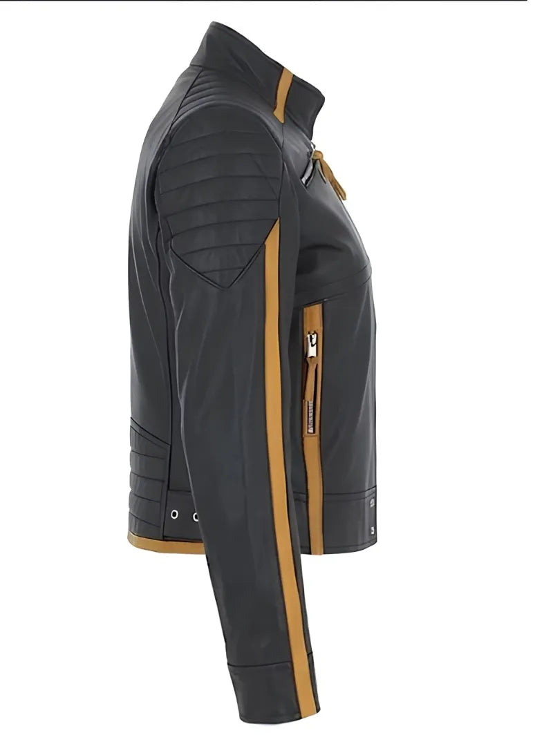 Women's Yellow Stripes Leather Jacket, collar detail