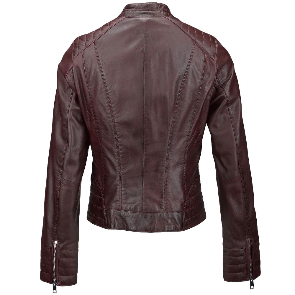 Women's Zippered Accents Burgundy Leather Jacket  