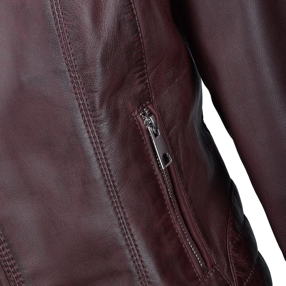 Women's Zippered Accents Burgundy Leather Jacket