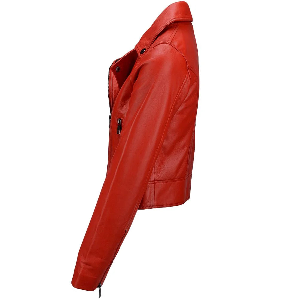 Women's Asymmetrical Zip Bold Red Leather Jacket
