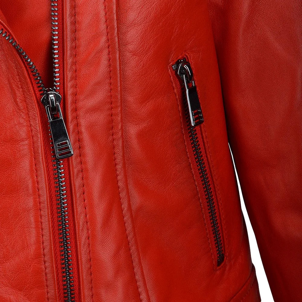 Women's Asymmetrical Zip Bold Red Leather Jacket