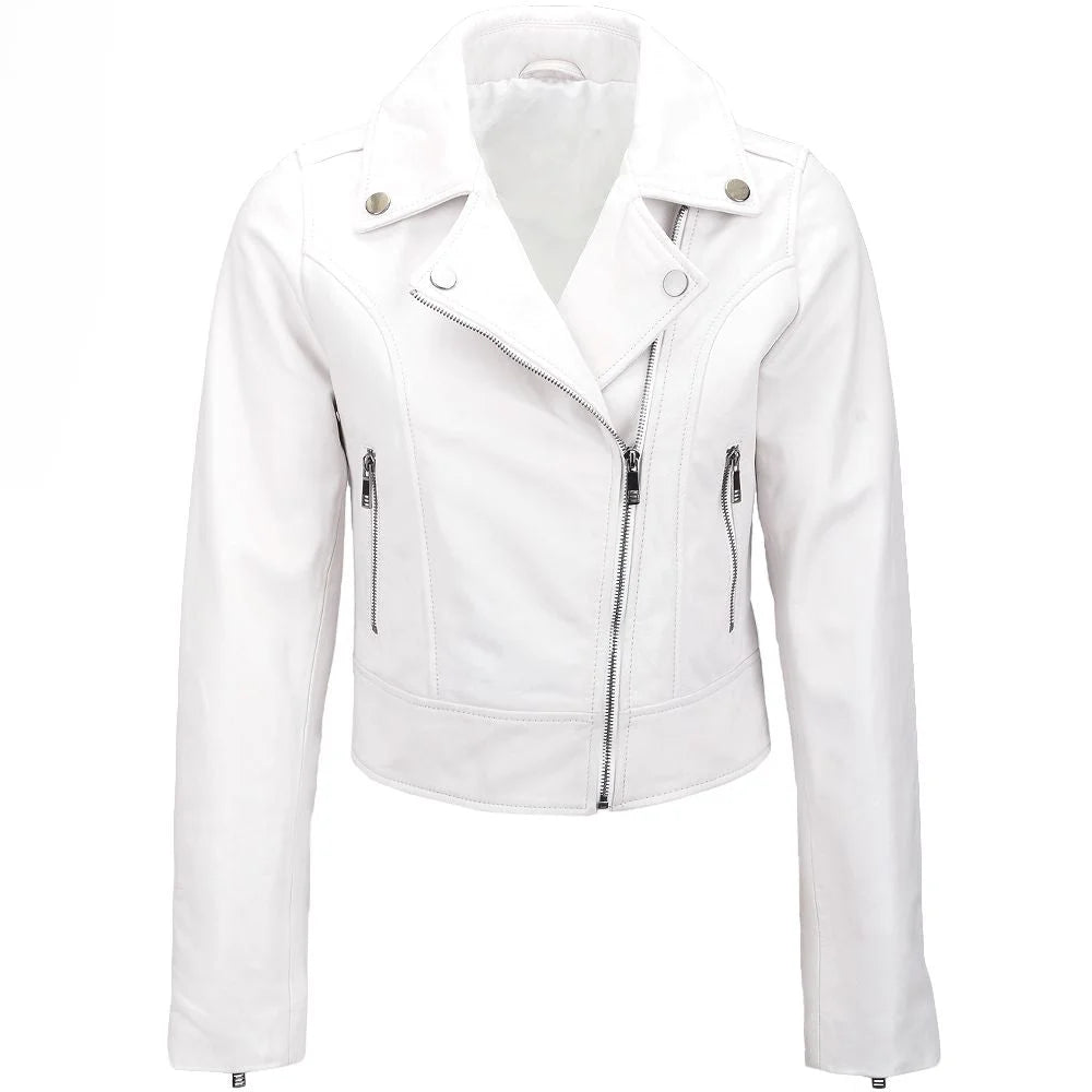 Women's Asymmetrical Zip White Leather Jacket