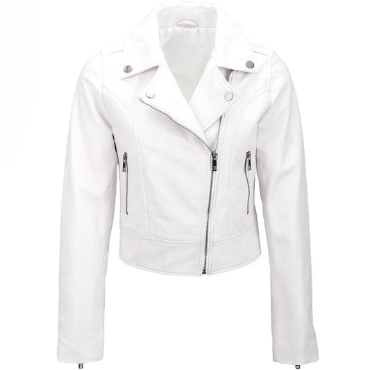 Women's Asymmetrical Zip White Leather Jacket
