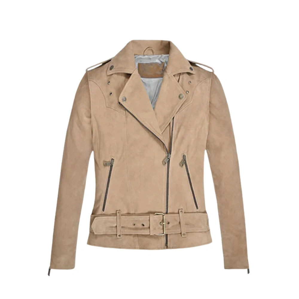 Women’s Belted Beige Suede Leather Jacket