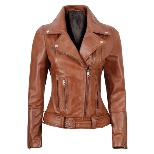 Women's Belted Light Brown Leather Jacket