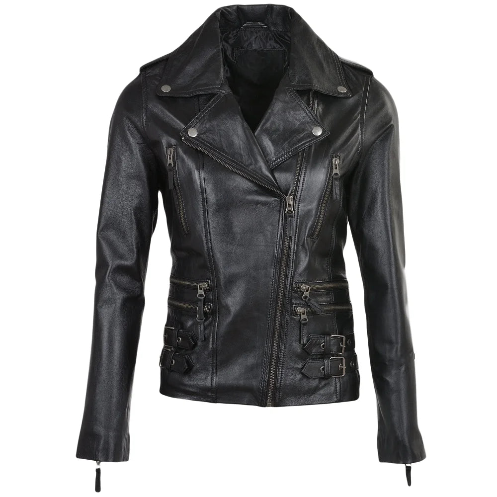 Women's Black Buckle Straps Leather Jacket