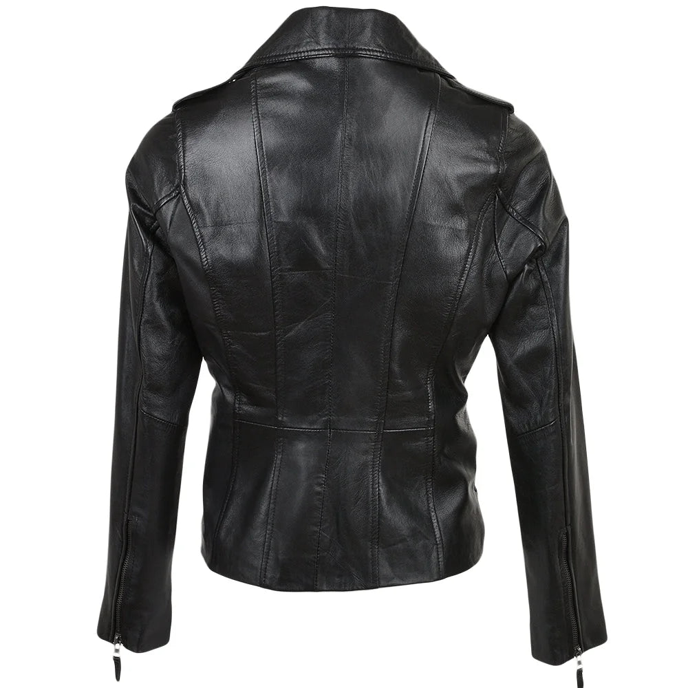 Women's Black Buckle Straps Leather Jacket