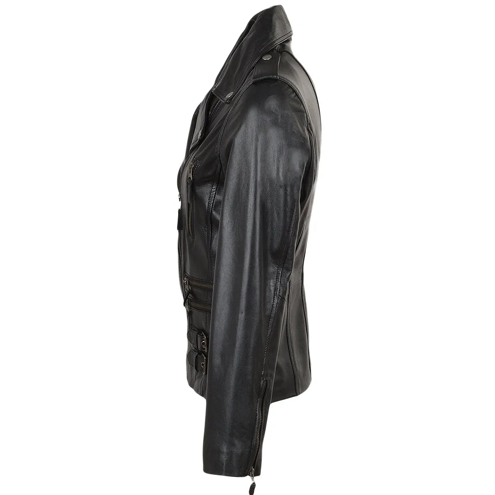 Women's Black Buckle Straps Leather Jacket