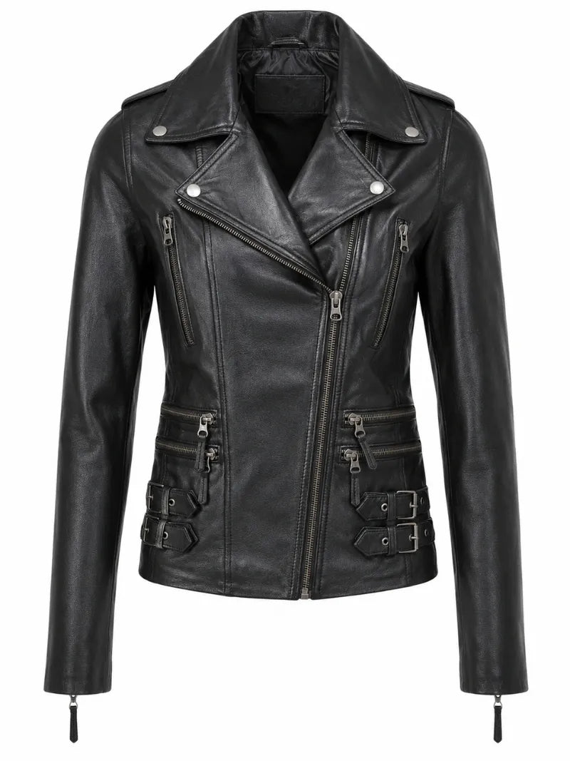 Women's Black Buckle Straps Leather Jacket, front view