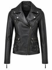 Women's Black Buckle Straps Leather Jacket, front view