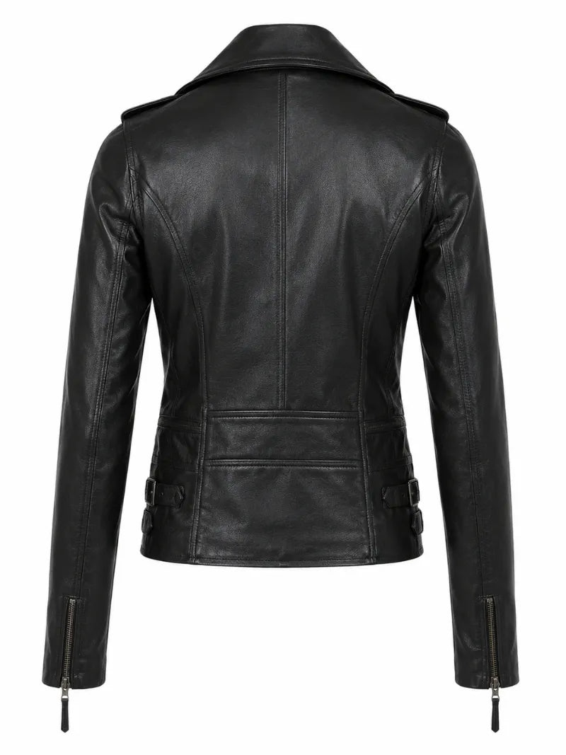 Women's Black Buckle Straps Leather Jacket, back view