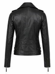 Women's Black Buckle Straps Leather Jacket, back view