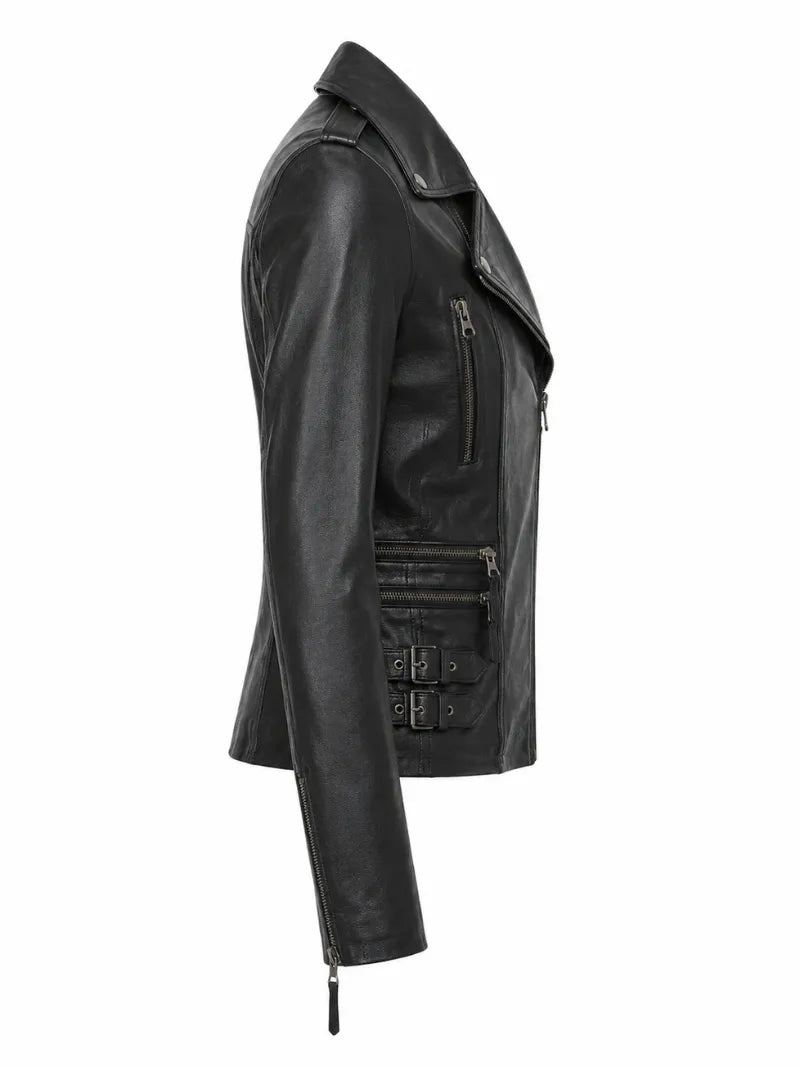 Women's Black Buckle Straps Leather Jacket, side view