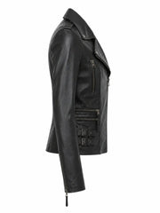 Women's Black Buckle Straps Leather Jacket, side view