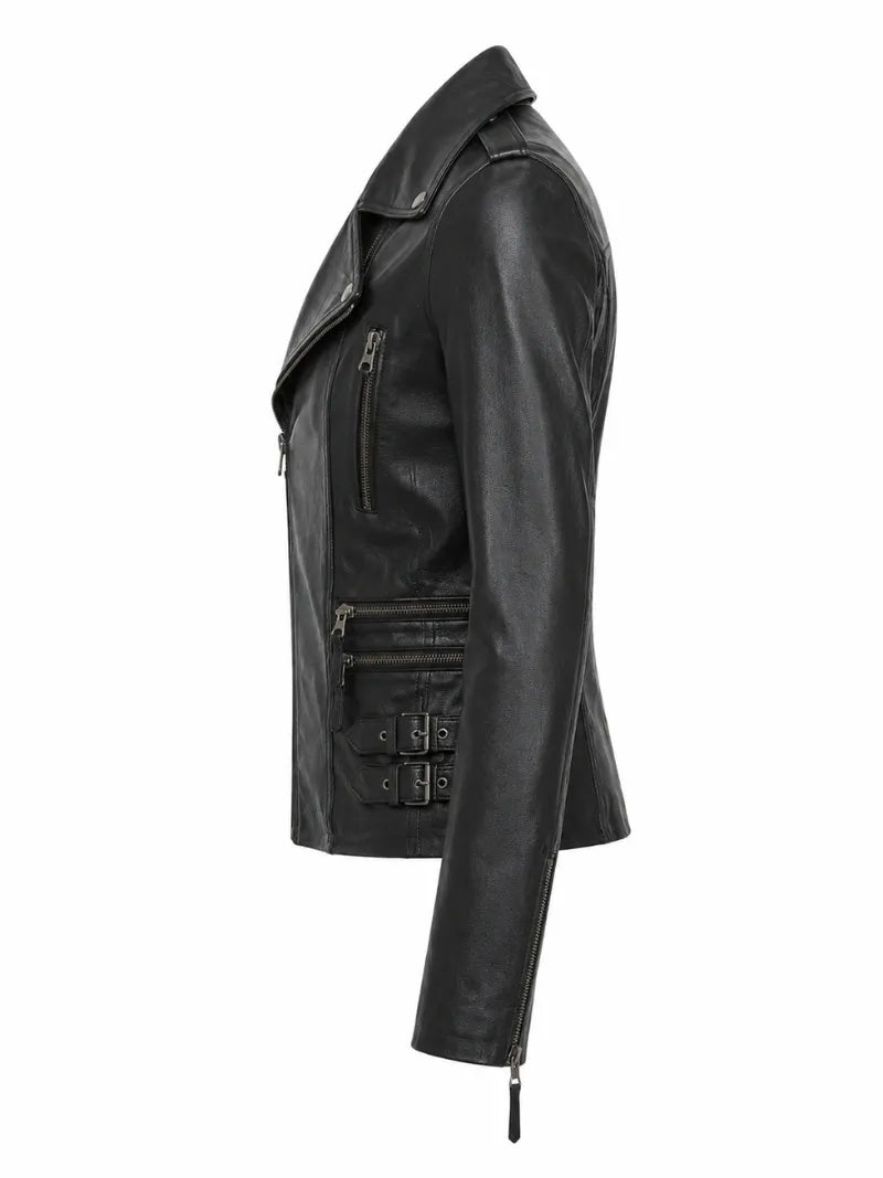 Women's Black Buckle Straps Leather Jacket, collar detail