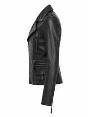 Women's Black Buckle Straps Leather Jacket, collar detail
