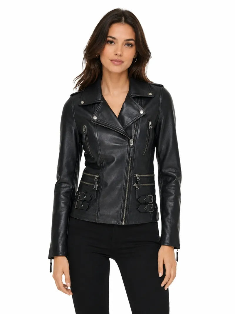 Women's Black Buckle Straps Leather Jacket, closure detail