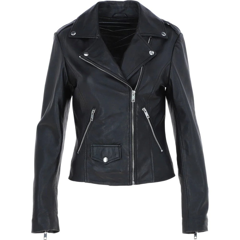 Women's Black Leather Lapel Asymmetrical Jacket