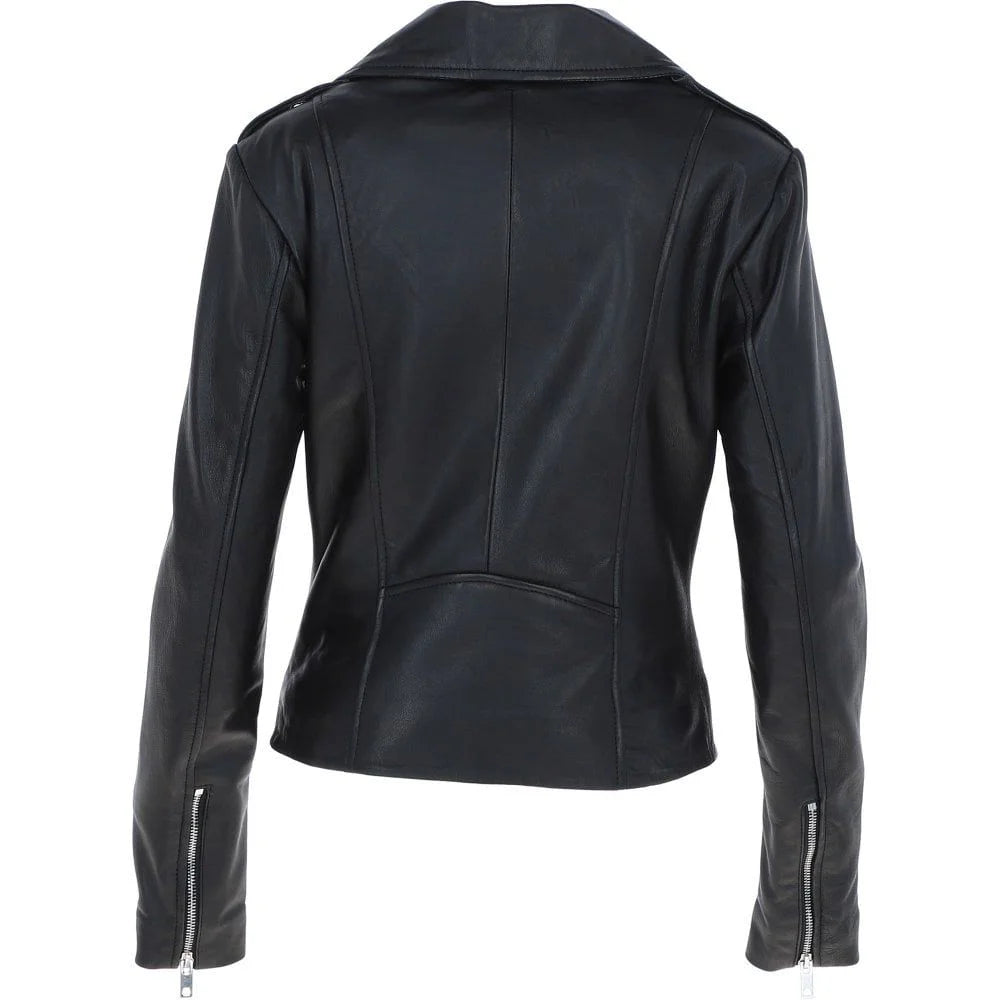 Women's Black Leather Lapel Asymmetrical Jacket