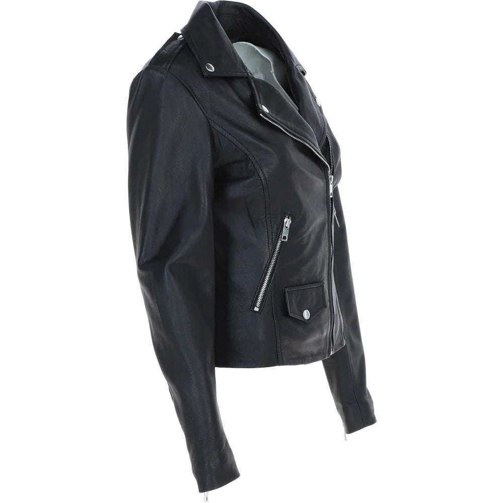 Women's Black Leather Lapel Asymmetrical Jacket