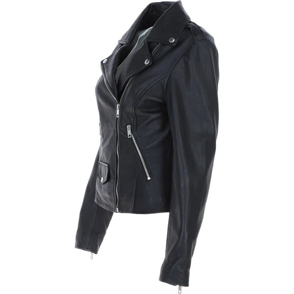 Women's Black Leather Lapel Asymmetrical Jacket
