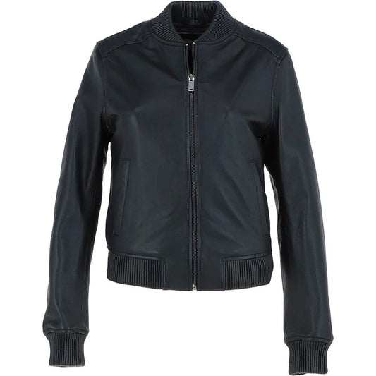 Women's Black Leather Bomber Jacket
