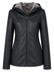 Women's Black Leather Hooded Jacket Front 