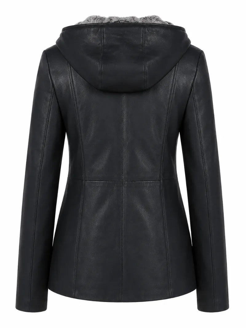 Women's Black Leather Hooded Jacket Back 