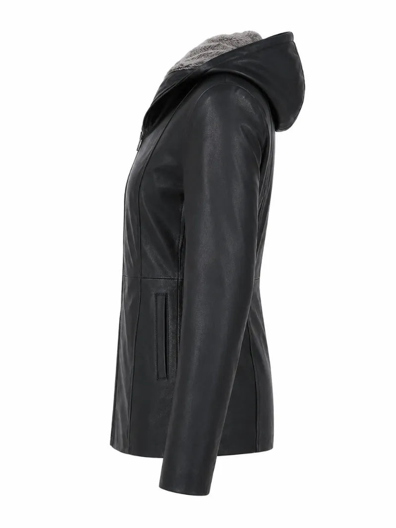 Women's Black Leather Hooded Jacket Left 