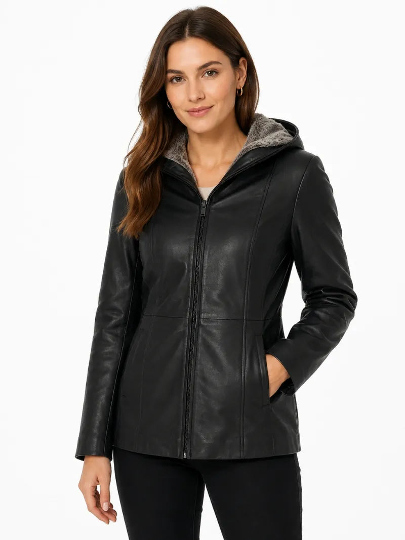 Women's Black Leather Hooded Jacket Full