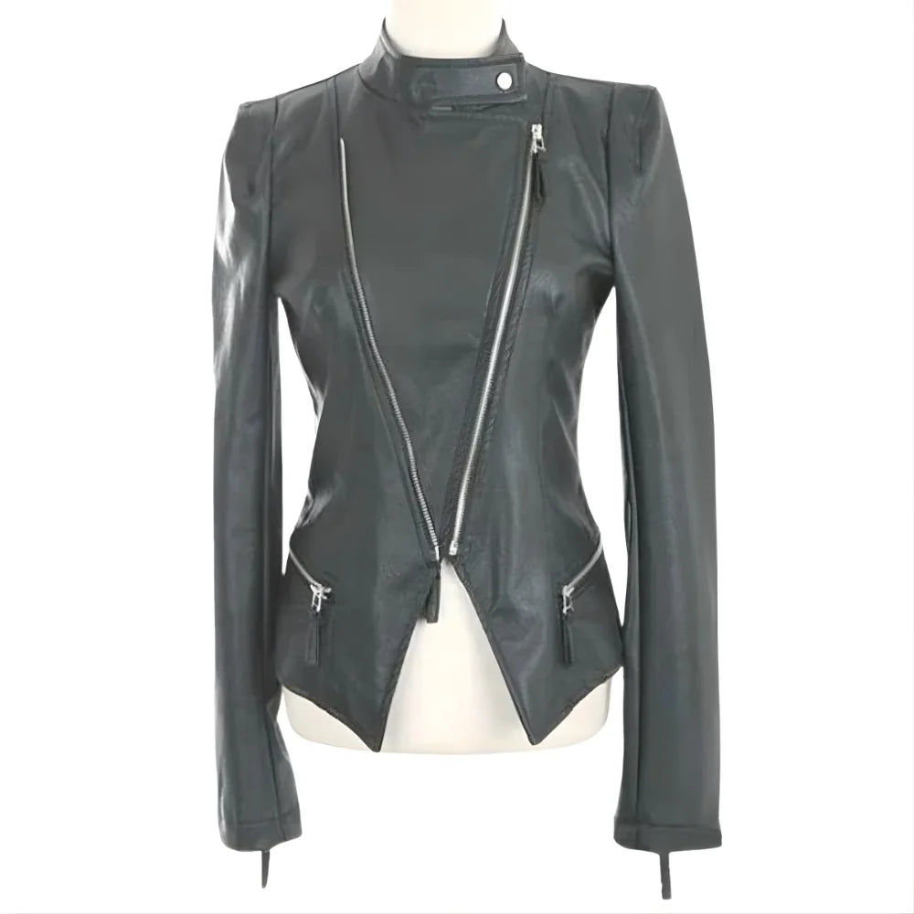Women’s Black Leather Jacket with Dual-Zip Design