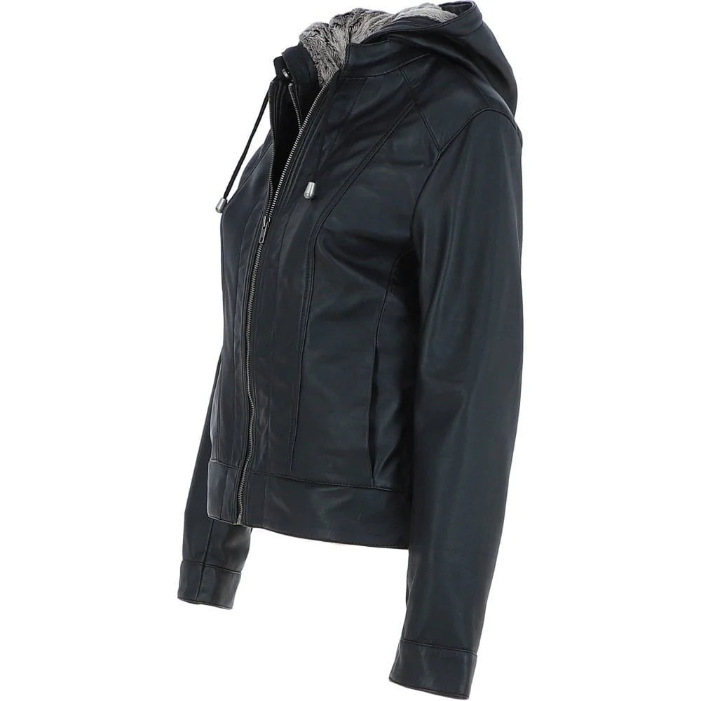 Women's Black Leather Jacket with Fur Hood