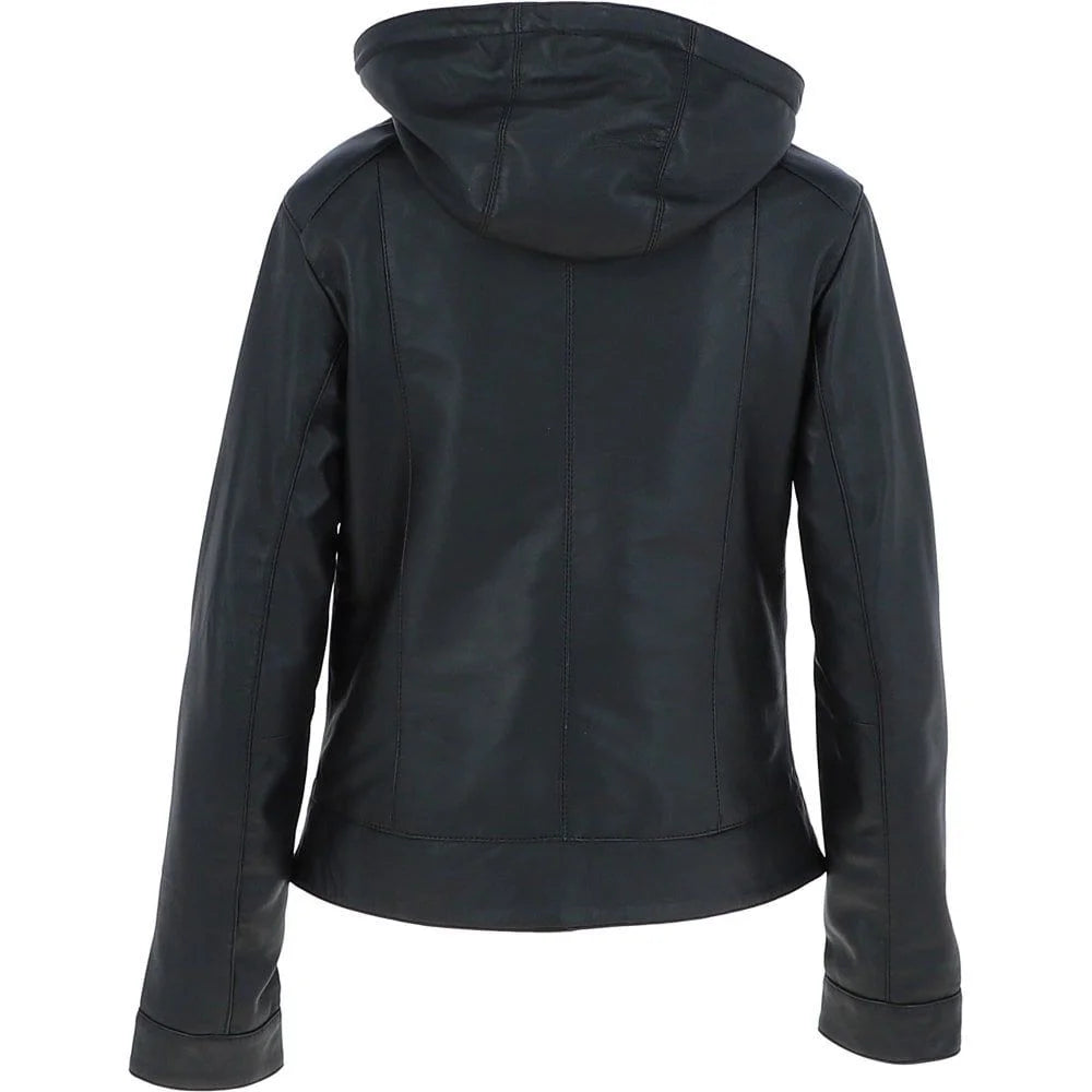 Women's Black Leather Jacket with Fur Hood