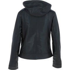 Women's Black Leather Jacket with Fur Hood