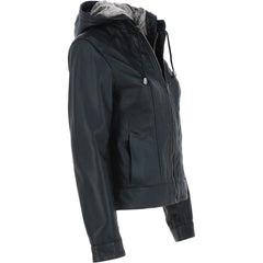Women's Black Leather Jacket with Fur Hood