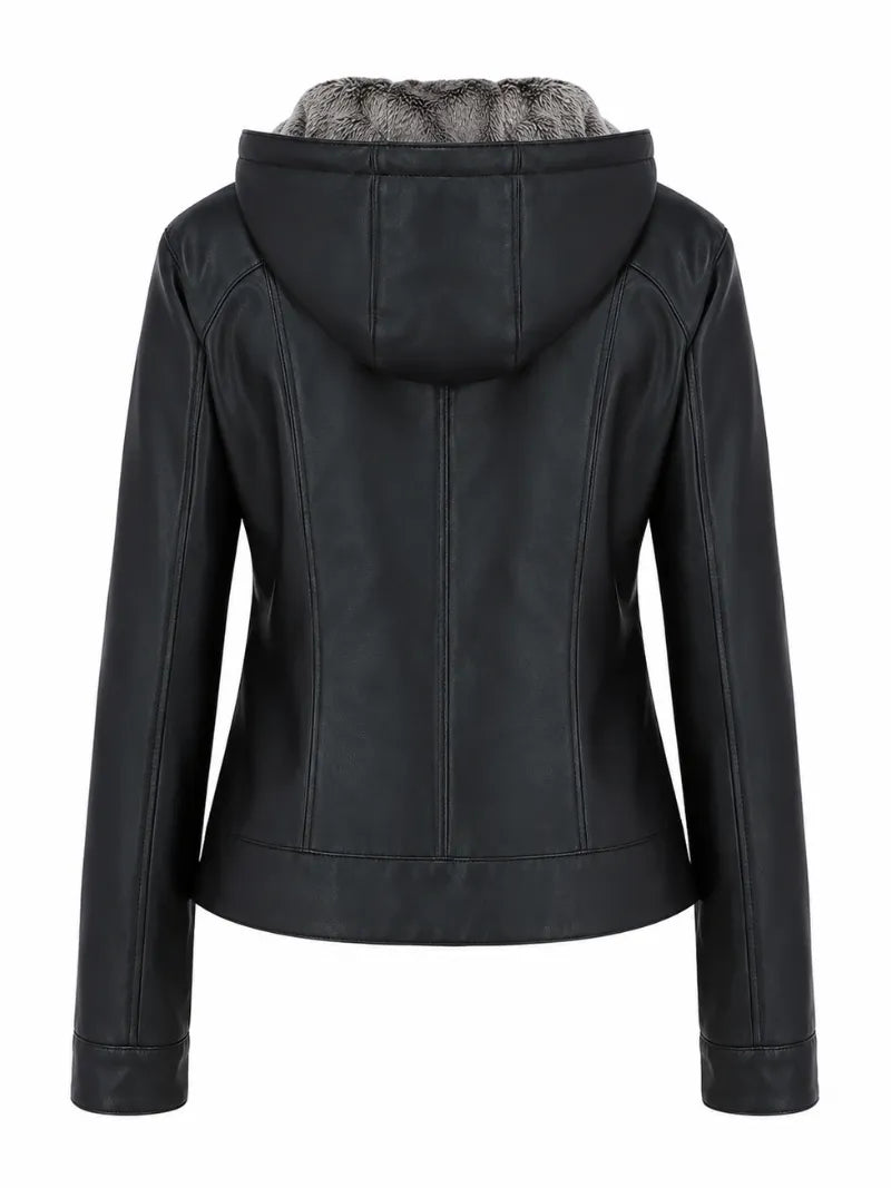 Women's Black Leather Jacket with Fur Hood Back 