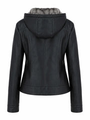 Women's Black Leather Jacket with Fur Hood Back 