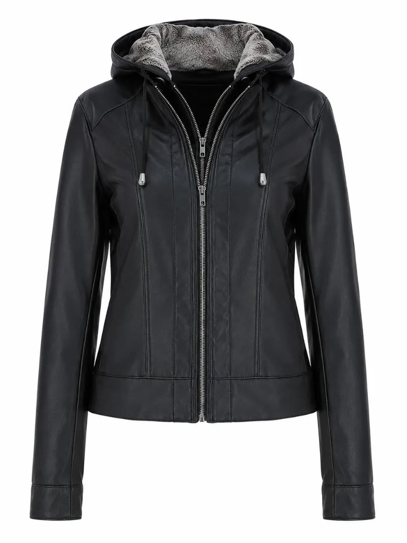 Women's Black Leather Jacket with Fur Hood Front 