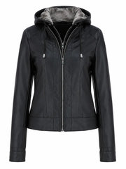 Women's Black Leather Jacket with Fur Hood Front 