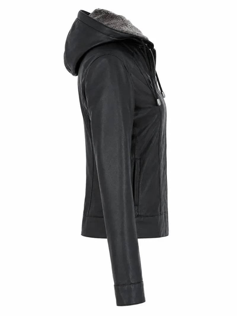 Women's Black Leather Jacket with Fur Hood Right 