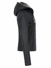 Women's Black Leather Jacket with Fur Hood Right 