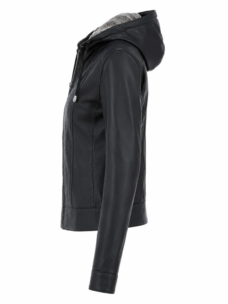 Women's Black Leather Jacket with Fur Hood Left 